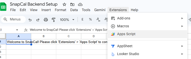Click Extensions then Apps Script