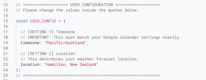 Change timezone and location in code