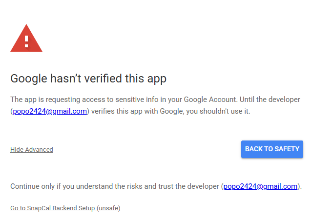 Google hasn't verified this app warning